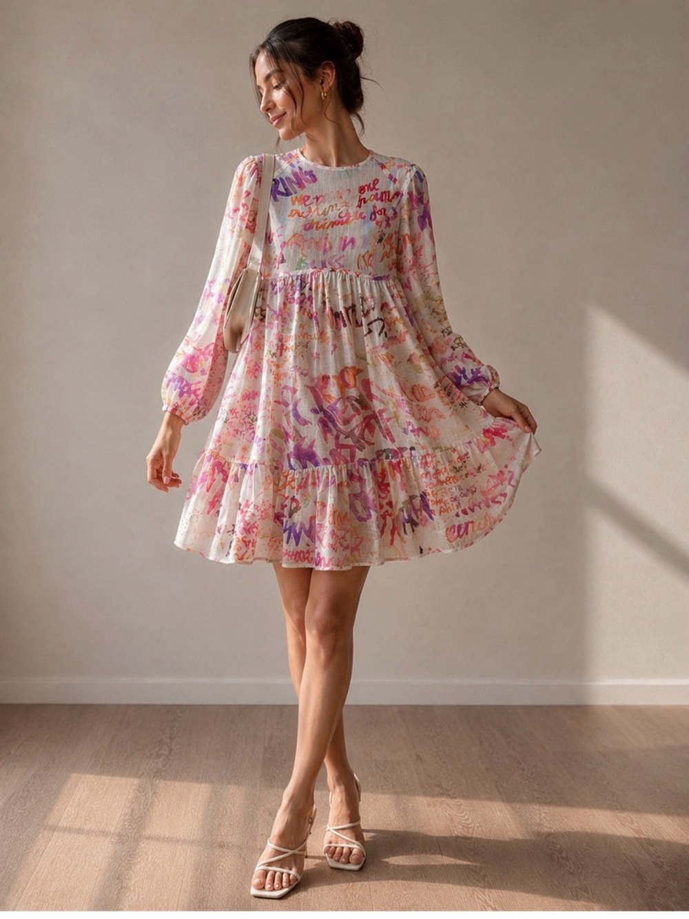 Zimmermann Cream Mini Dress with Pink & Purple Script Print